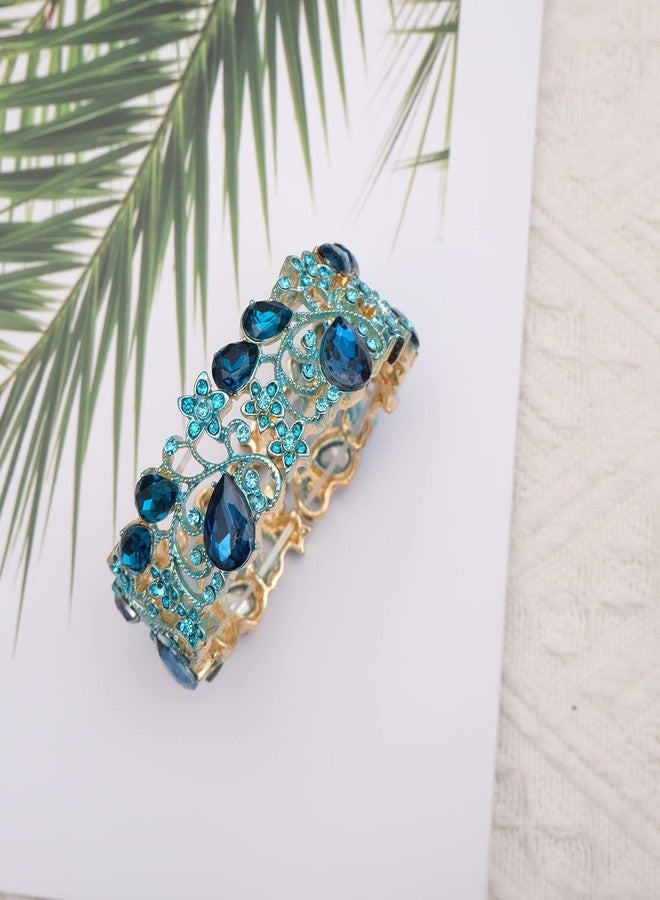 CSY Elegant Stretch Bangles Art Deco Statement Cuff Bangle Elastic Wide Bracelet Wedding Party Prom Jewelry for Women (Aquamarine-Gold tone) - Image 2